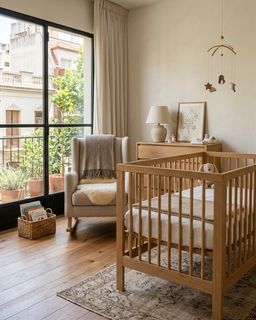 Cuna evolutiva en madera maciza de paraíso en habitación infantil en Palermo Soho