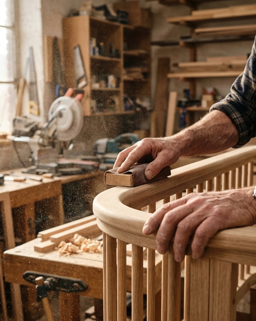 Maestro carpintero lijando a mano baranda de cuna de madera